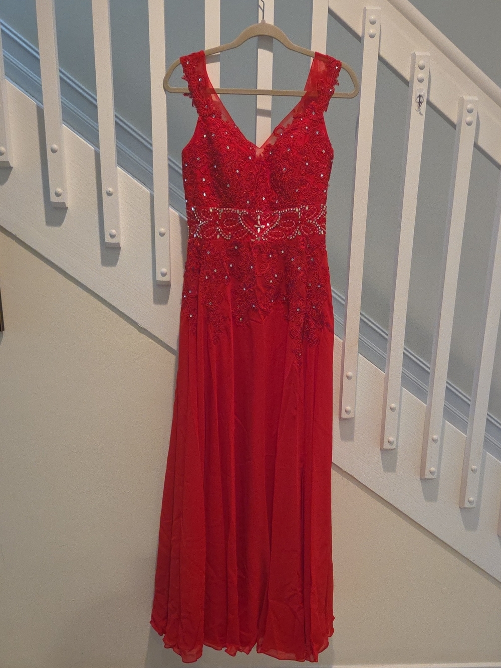 JJs House Red V-Neck Beaded Prom Gown